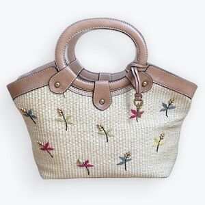Boho Vintage Fossil Floral-Embroidered Straw Satchel Handbag Brown Leather Trim